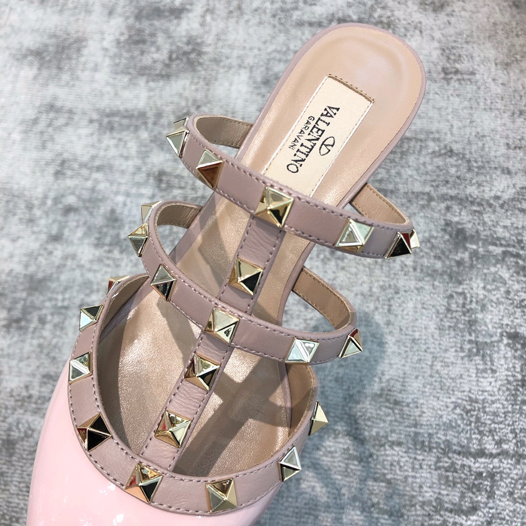 Valentino VT Collection Triple Strap Mid Heel Slipper 6.5CM Patent Leather Pink