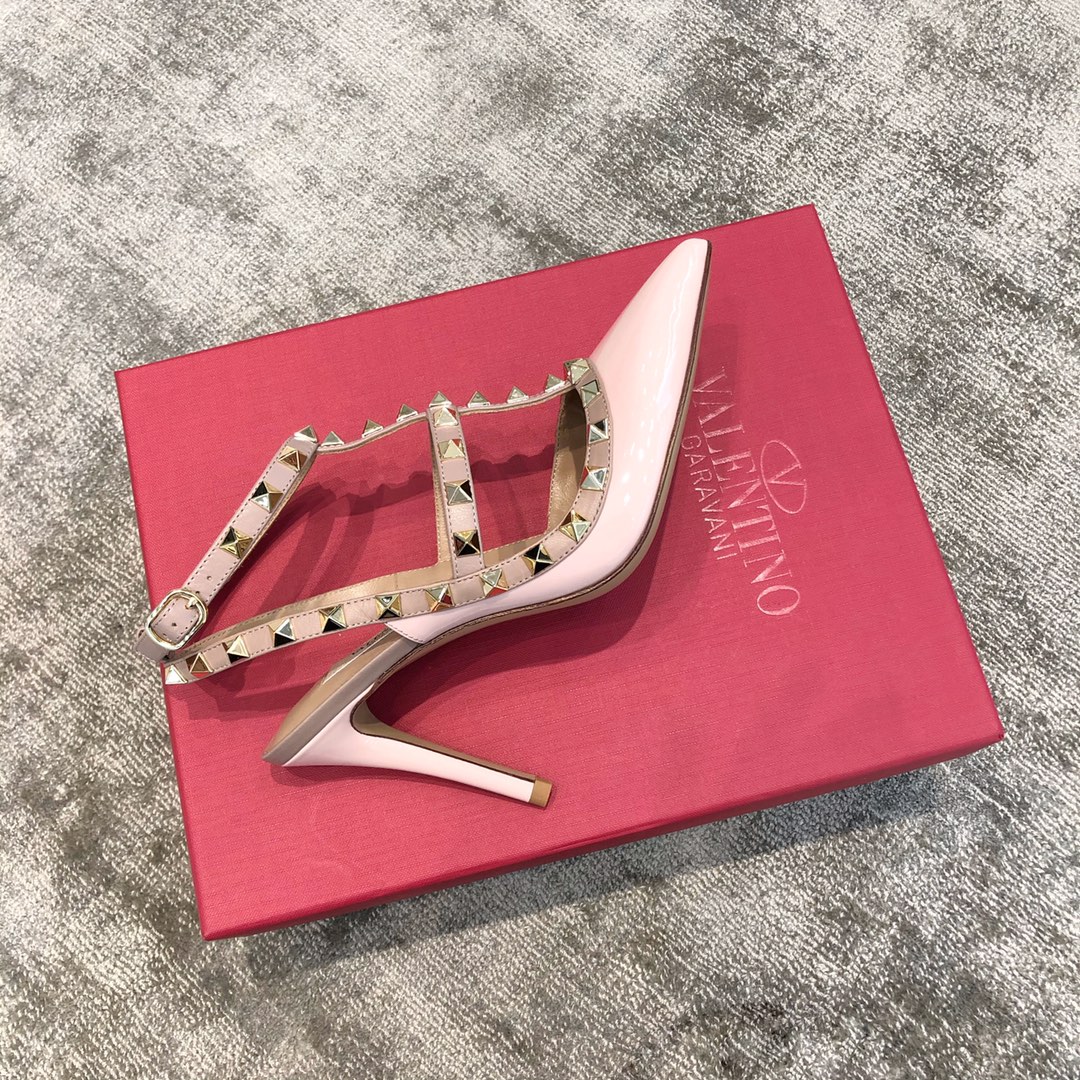 Name Chinese Valentino VT Collection Two Strap Mid Heel 10cm Patent Leather Pink