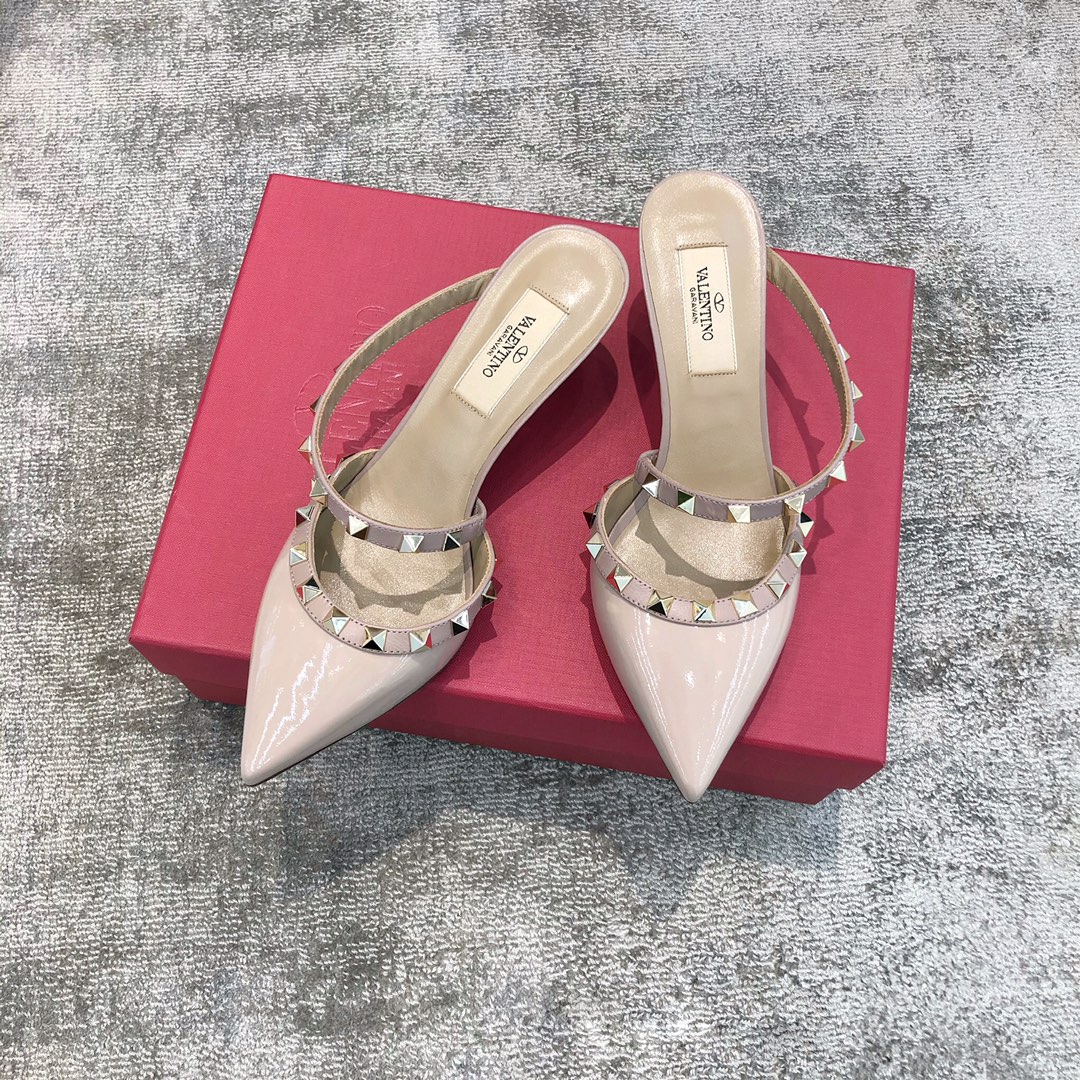 Valentino VT Collection One strap slant heel slipper 6.5CM Patent leather nude pink