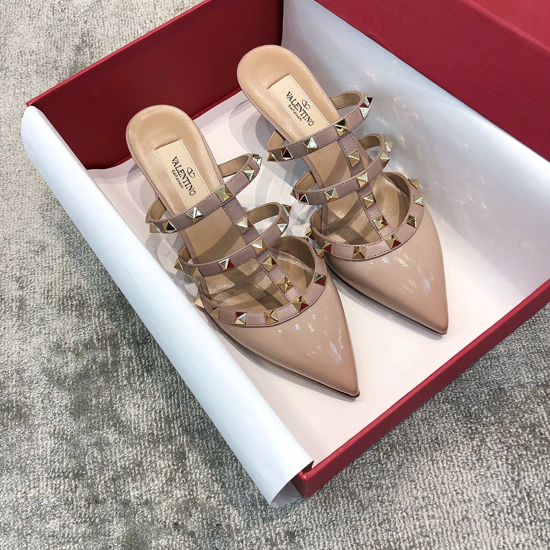 Valentino VT Collection Triple Strap Mid Heel Slipper 6.5CM Patent Leather Nude Pink