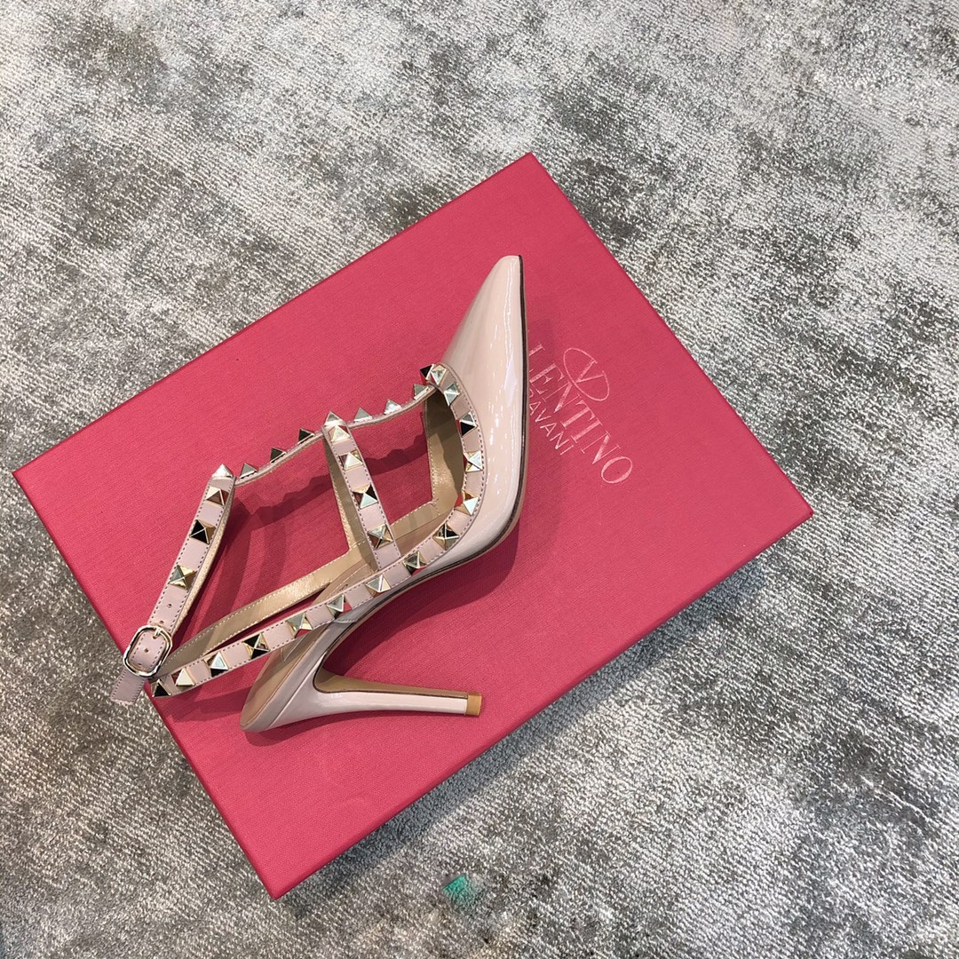 Valentino VT Collection Two Strap Mid Heel 10cm Patent Leather Nude Pink