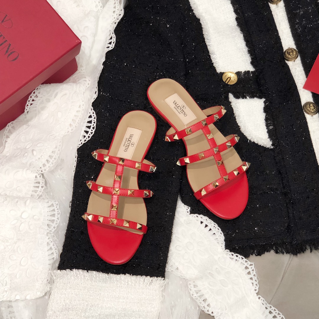 【Valentino】Valentino top version matte red 3 strap flat slippers
