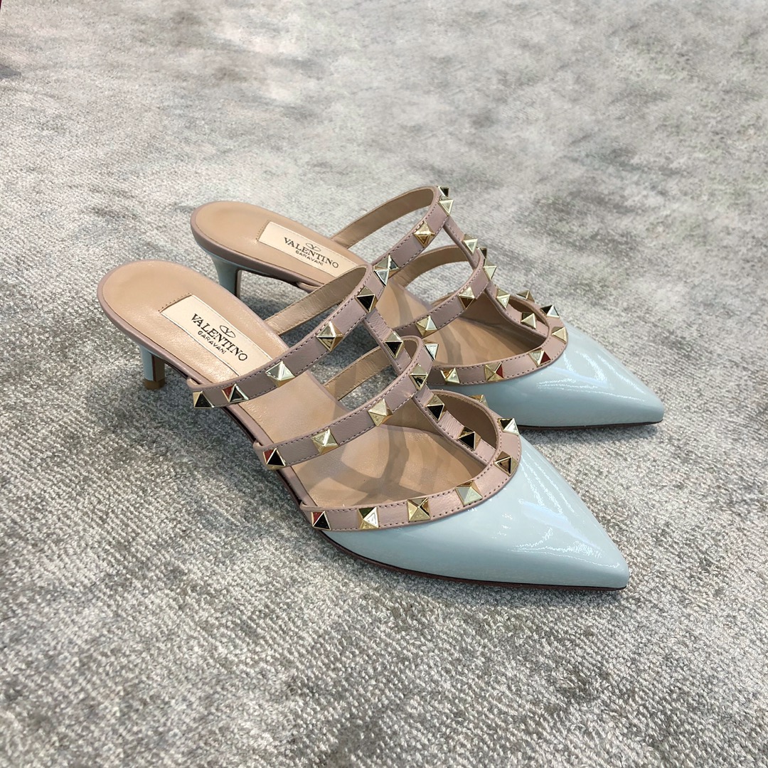 Valentino VT Collection Three Strap Low Heel Slipper 6.5CM Patent Leather Blue