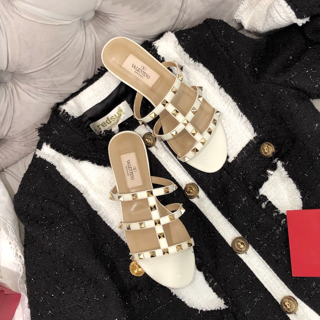 【Valentino】Valentino top version matte white 3 strap flat slippers