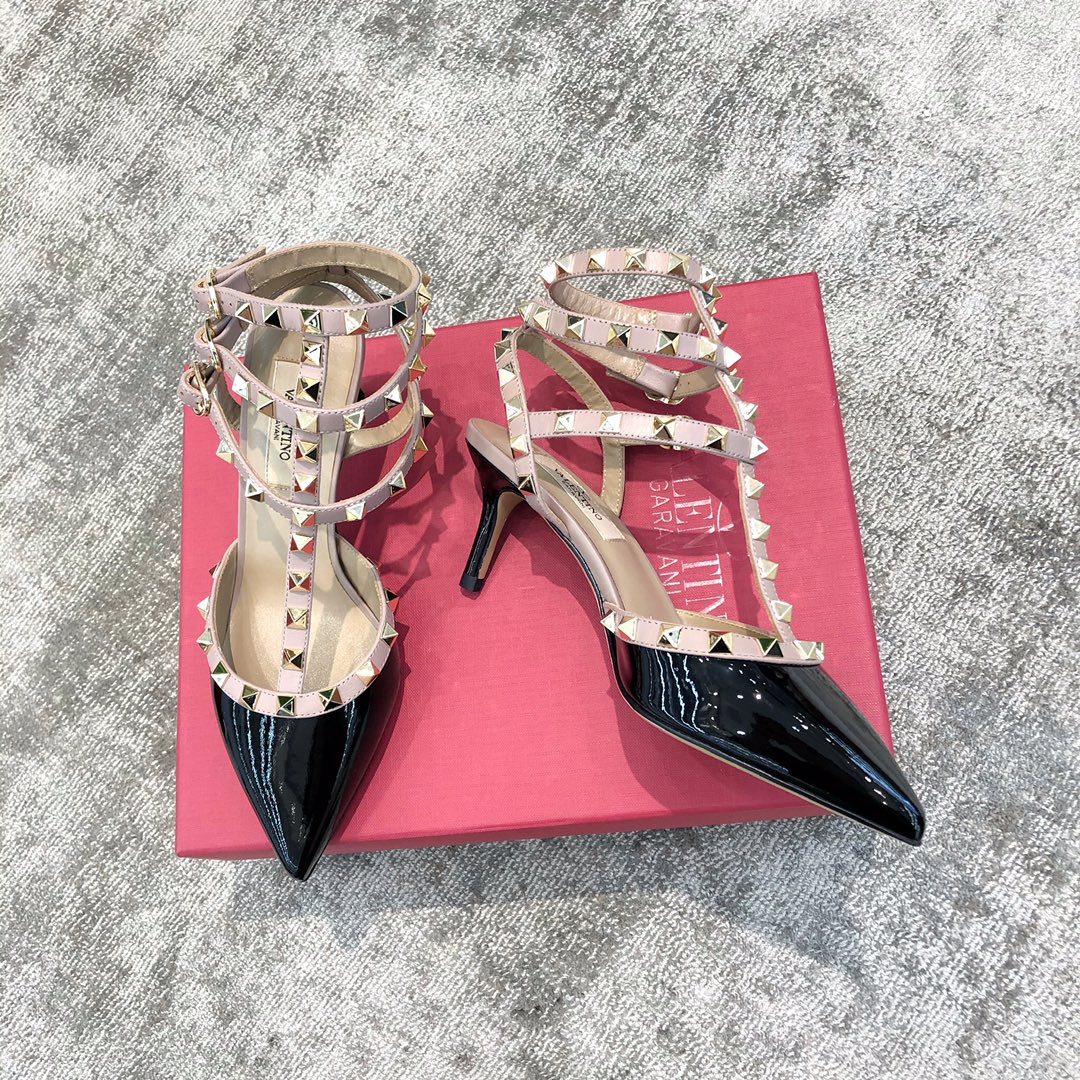 Valentino VT Collection Triple Strap Mid Heel 6.5cm Patent Leather Black