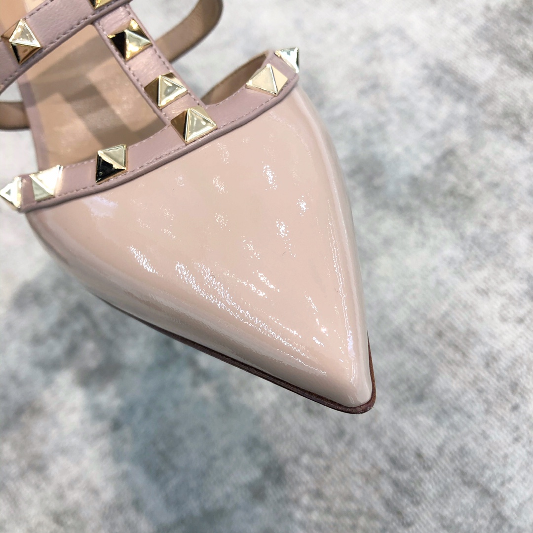 Valentino VT Collection Triple Strap Mid Heel Slipper 6.5CM Patent Leather Nude Pink