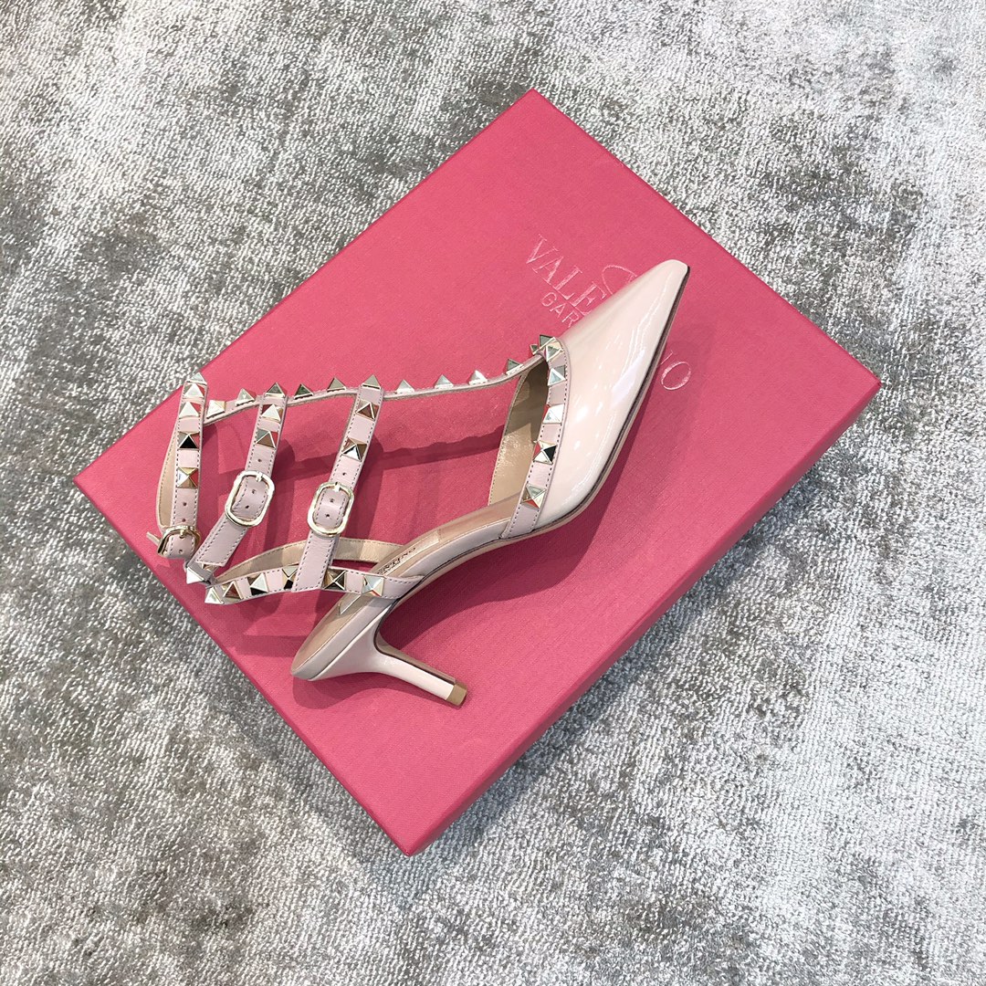 Valentino VT Collection Triple Strap Mid Heel 6.5cm Patent Leather Nude Pink