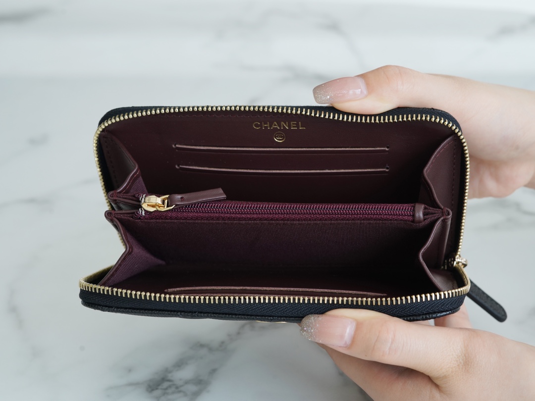 𝗖𝗛𝗔𝗘𝗡𝗟✦ 𝗖𝗹𝗮𝘀𝗶𝗰 𝗙𝗹𝗮𝗽 Import Channel Special Custom Calfskin🐂 Classic Zipper Mid-Length Clip Black Gold👑