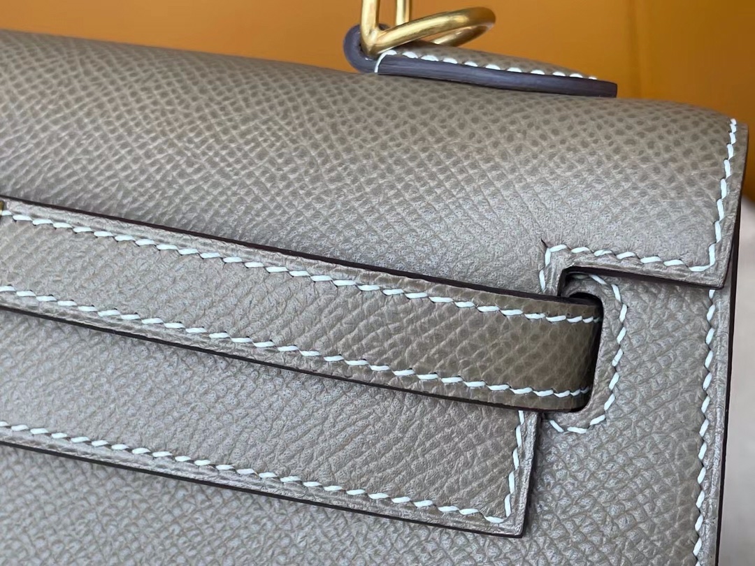 Kelly25 Elephant gray epsom leather with amber yellow inside and frosted gold buckle