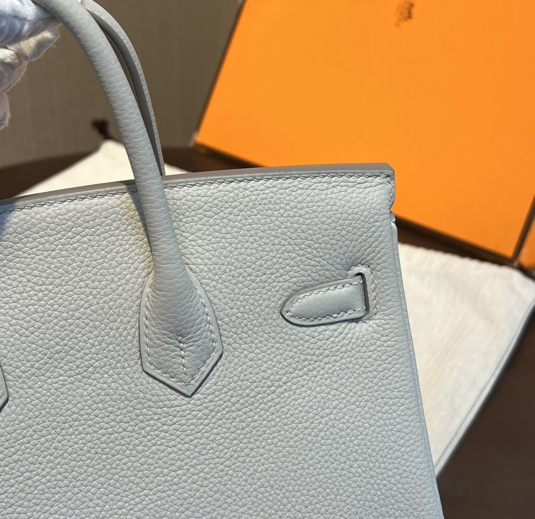 Birkin 25cm original imported Togo calfskin glacier white gold and silver buckle all handmade beeswax thread stitching