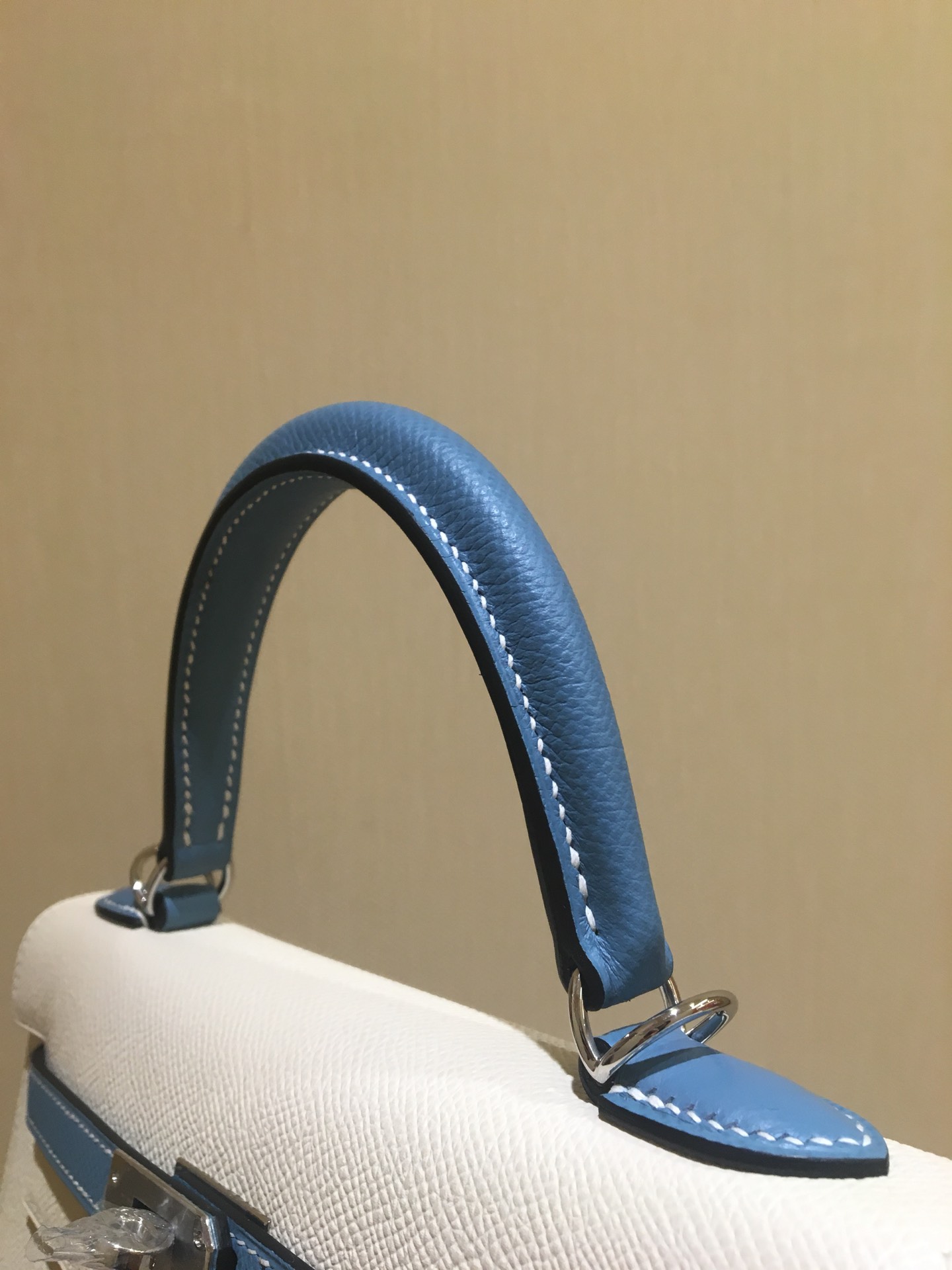 Kelly25cm silver epsom leather milkshake white spell denim blue