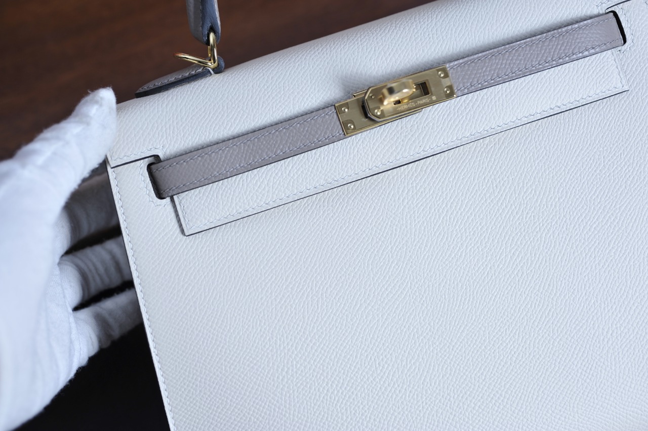 Kelly25 Milkshake White with Pitch Gray Gold Buckle Epsom Leather