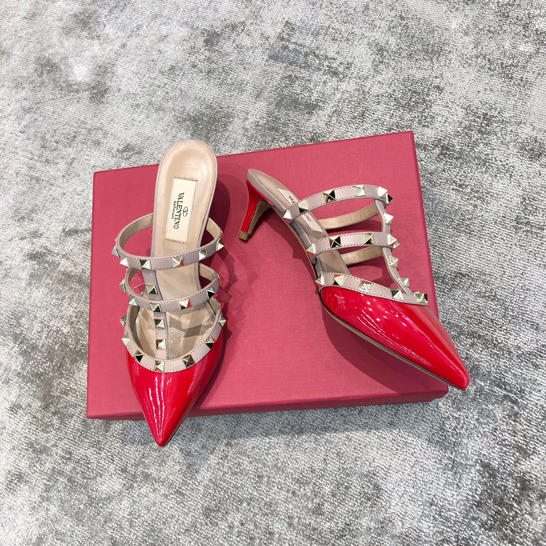 Valentino VT Collection Triple Strap Mid Heel Slipper 6.5CM Patent Leather Red