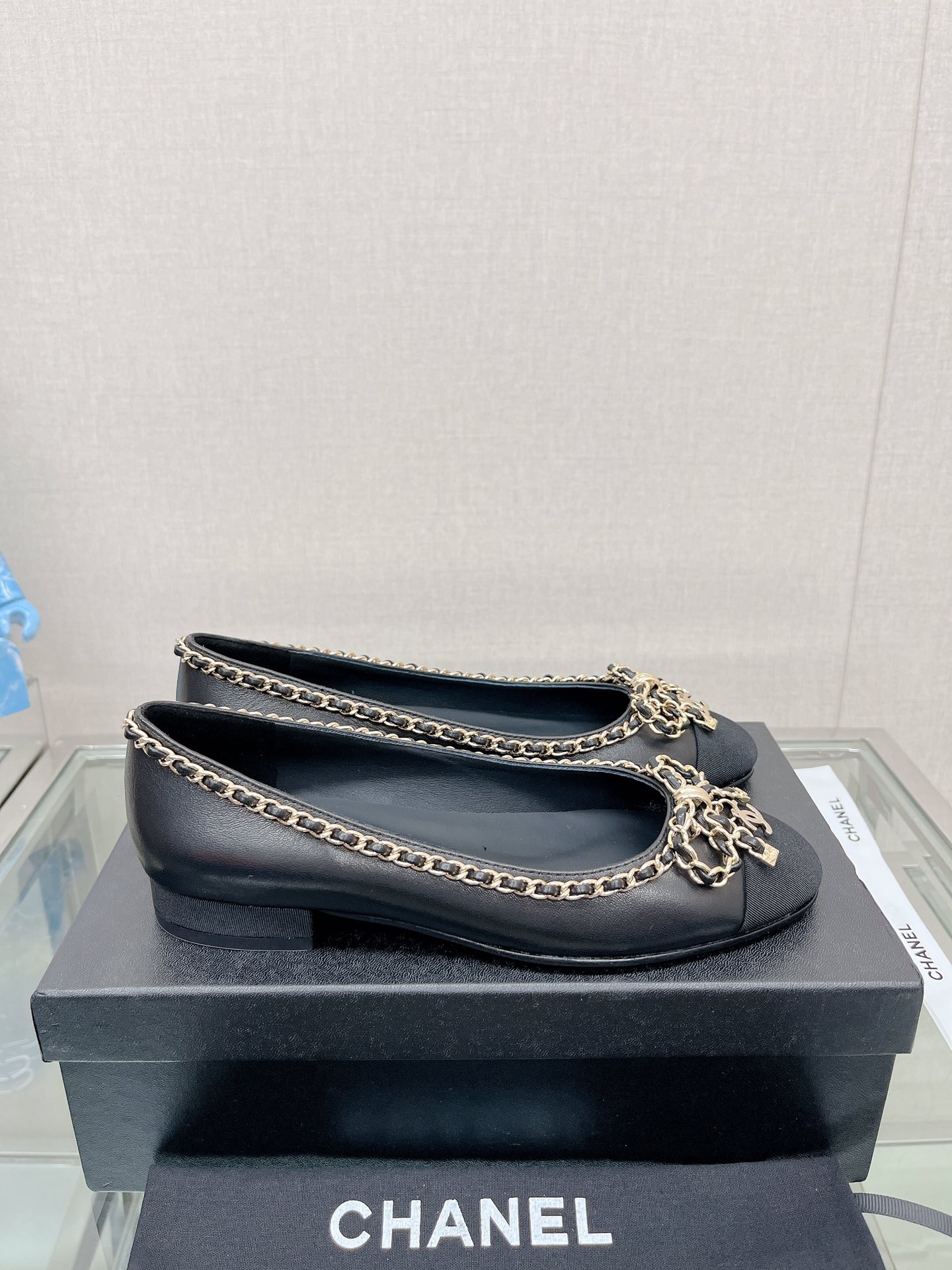 CHANEL 23Ss chain bow flat single shoes imported lambskin sheepskin lining