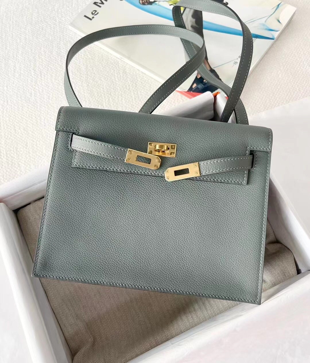 Kelly Danse almond green gold buckle evercolor leather