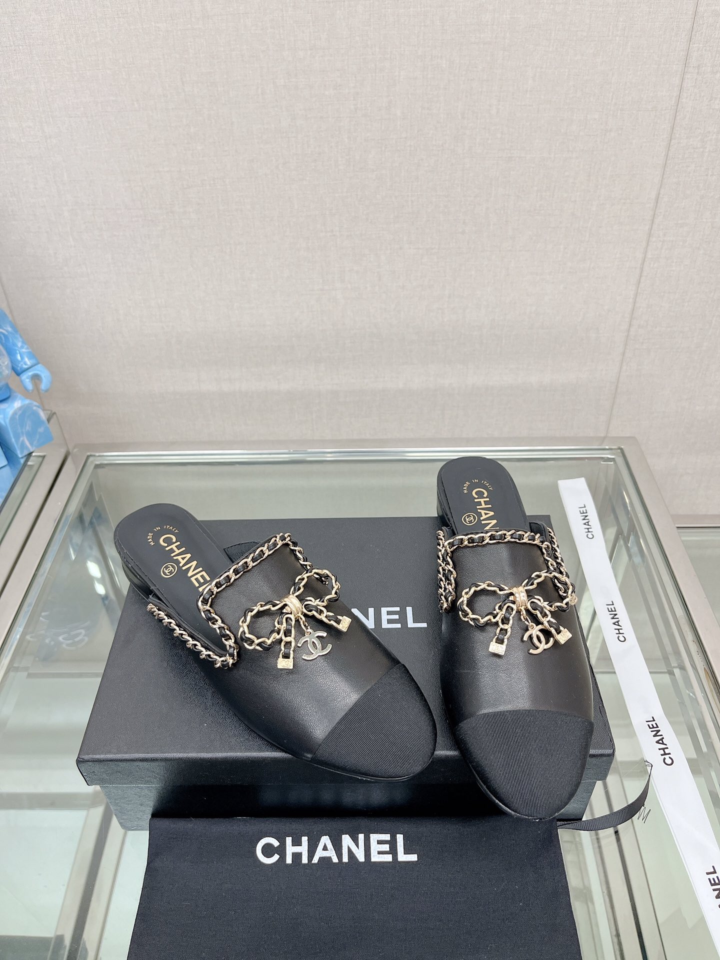 CHANEL 23Ss new chain bow half dragging mule shoes imported lambskin