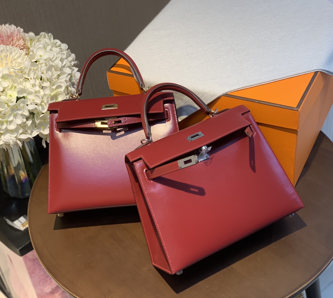 Kelly25 imported box leather Hermes red full handmade silver buckle