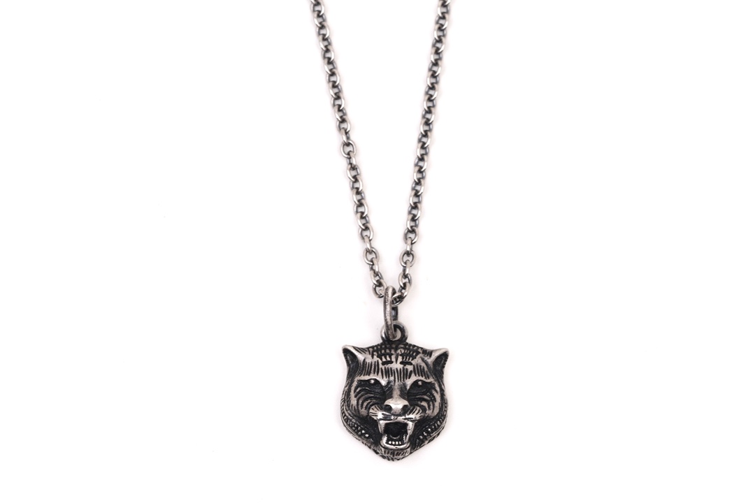 𝐆𝐮𝐜𝐜𝐢 Distressed Tiger Head Silver Necklace 55cm