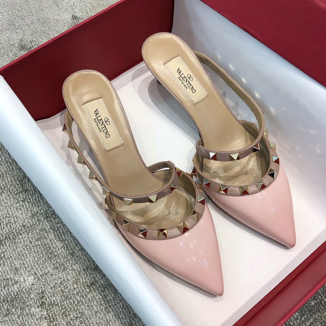 Valentino VT Collection One strap slant heel slipper 6.5CM Patent leather pink