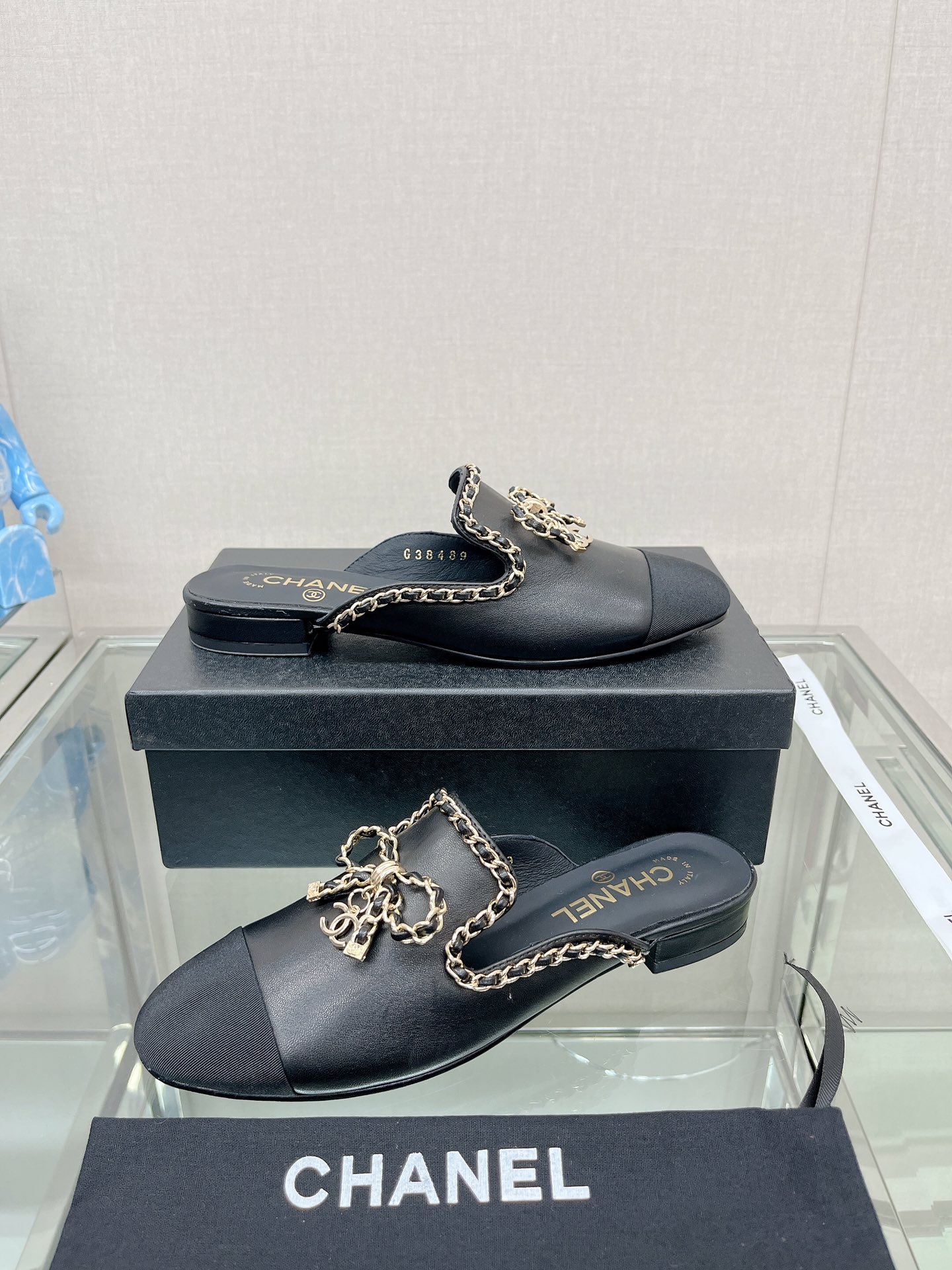 CHANEL 23Ss new chain bow half dragging mule shoes imported lambskin