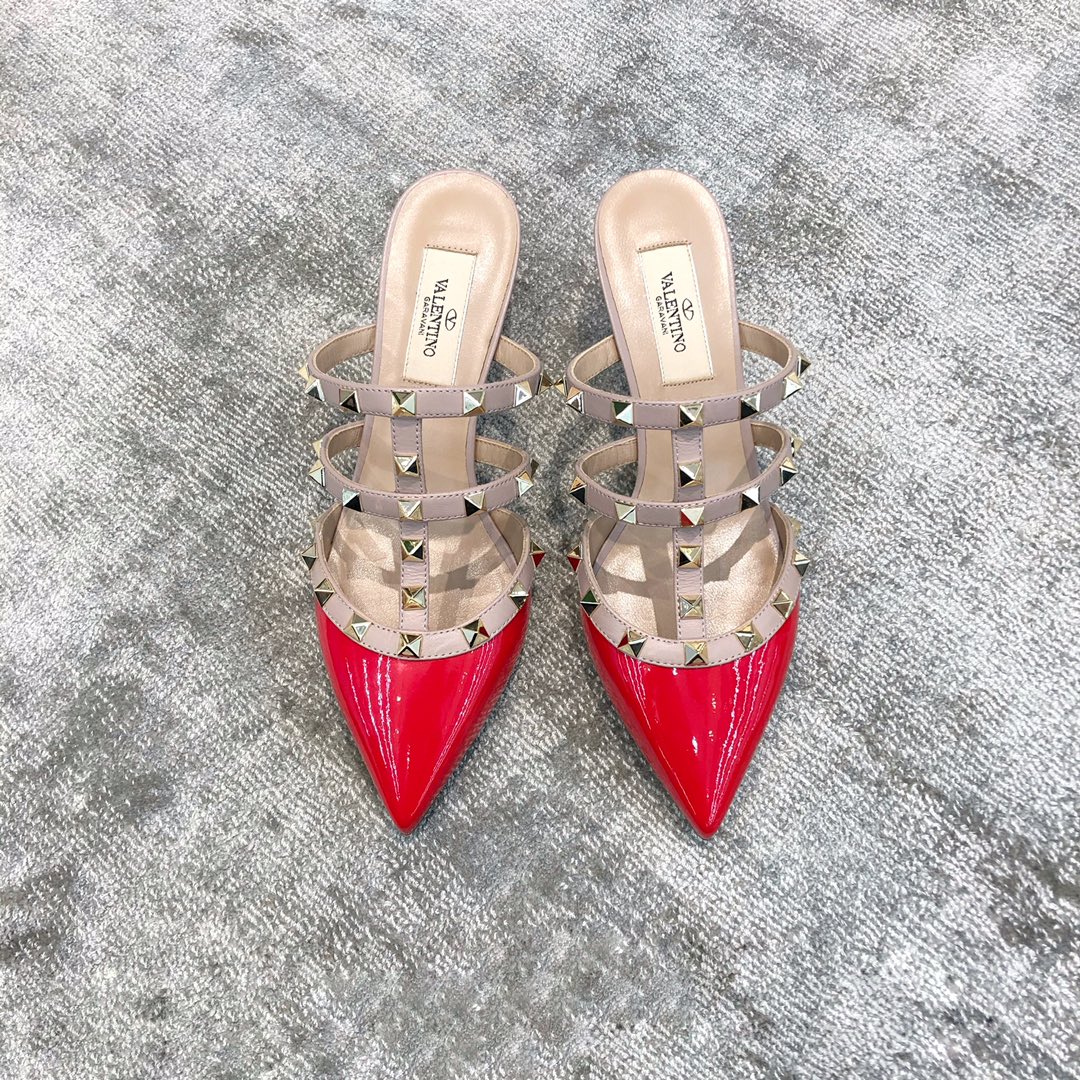 Valentino VT Collection Triple Strap Mid Heel Slipper 6.5CM Patent Leather Red