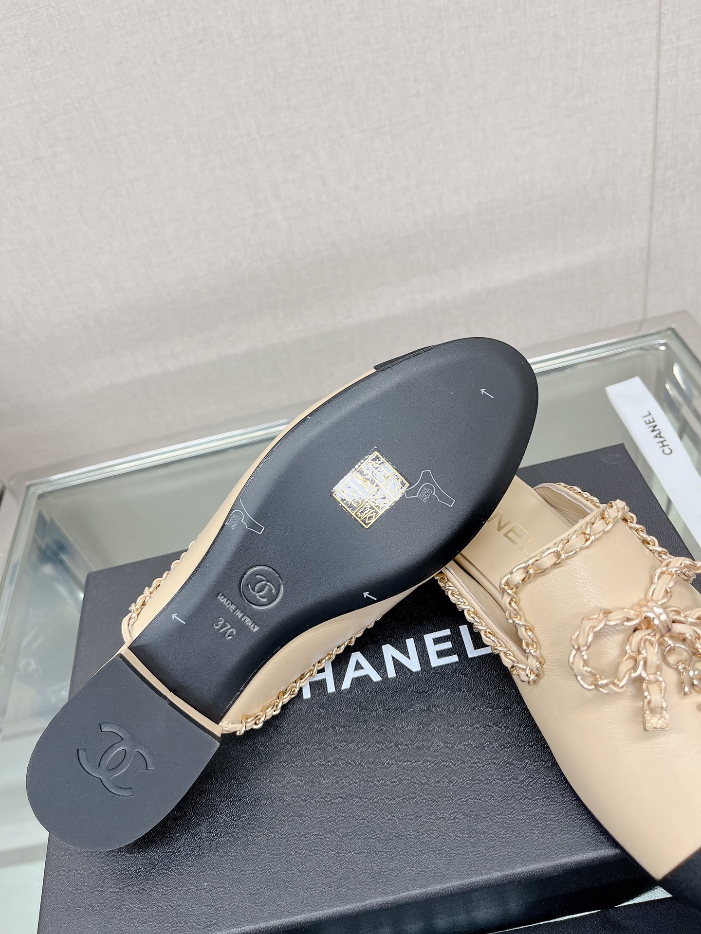 CHANEL 23Ss new chain bow half dragging mule shoes imported lambskin