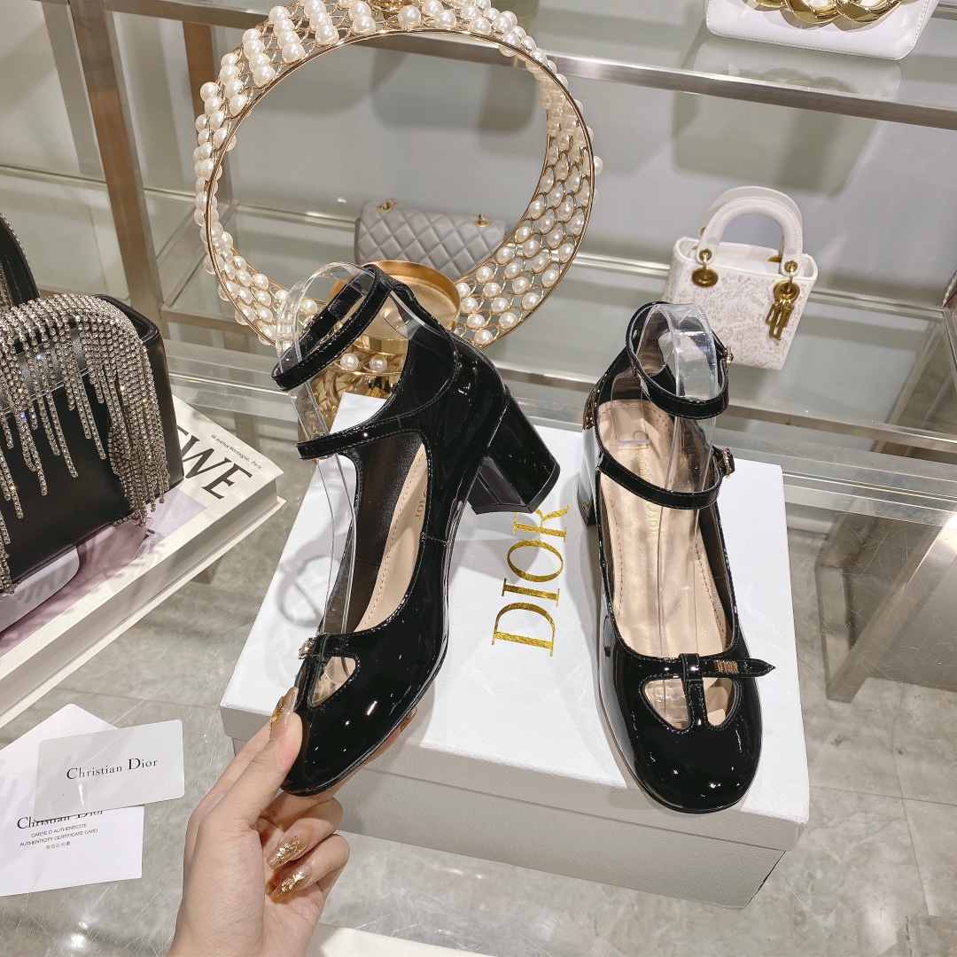 DIOR Retro Fashion Cutout Double Buckle Chunky Heel Mary Jane Shoes 6.5cm Black