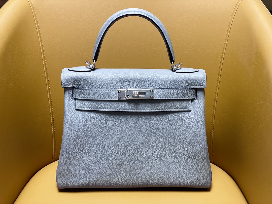 Kelly28 inseam j7 linen blue togo leather silver buckle