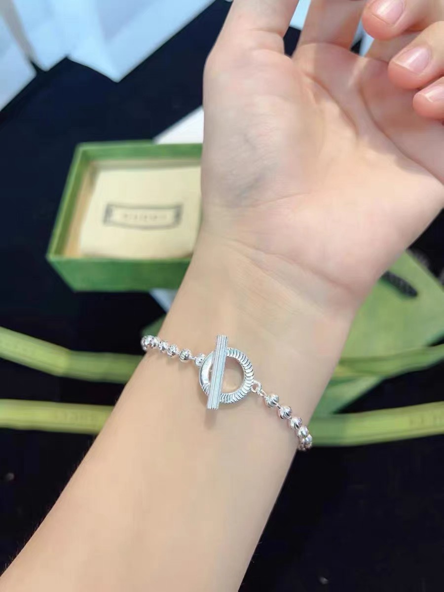 𝐆𝐮𝐜𝐜𝐢 Silver Bead Bracelet OT Buckle Sterling Silver Ladies Bracelet Couple Gift