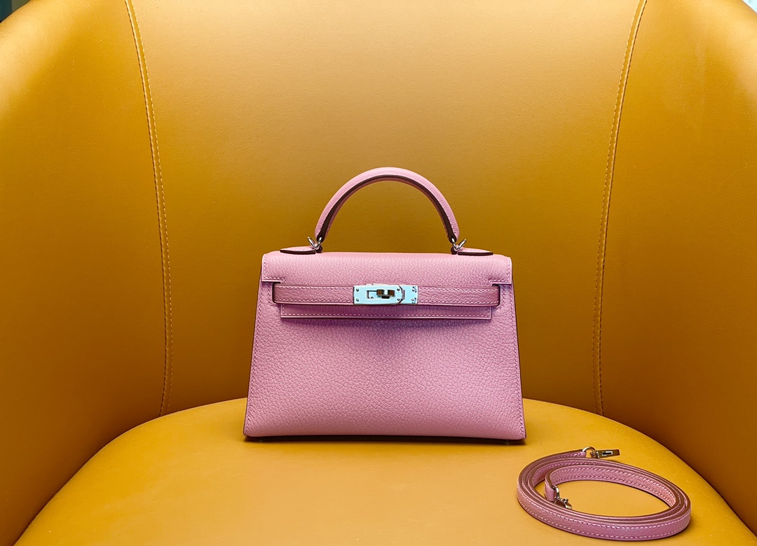 mini kelly second generation milkshake powder 1Q goat leather silver buckle