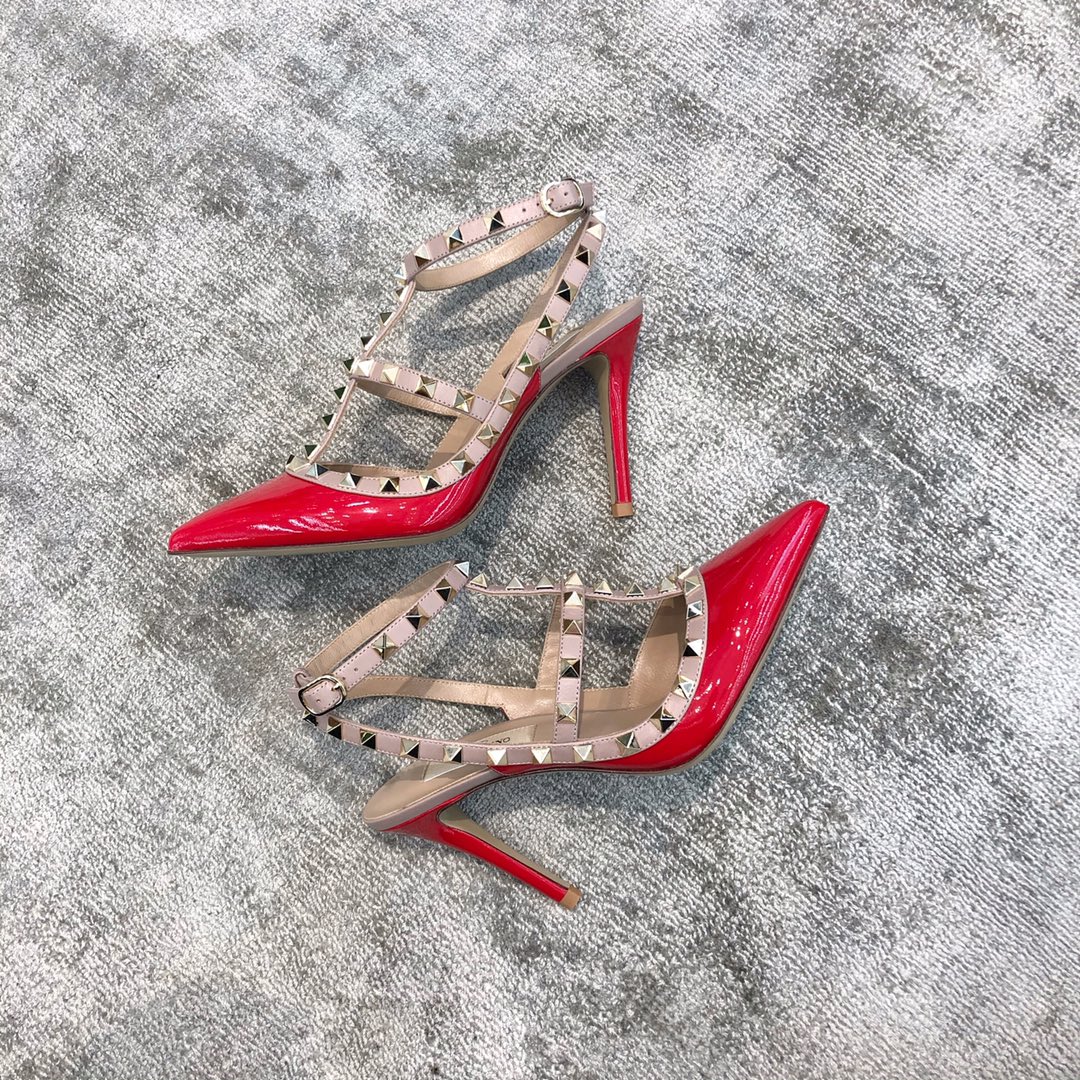 Valentino VT Collection Two Strap Mid Heel 10cm Patent Leather Red