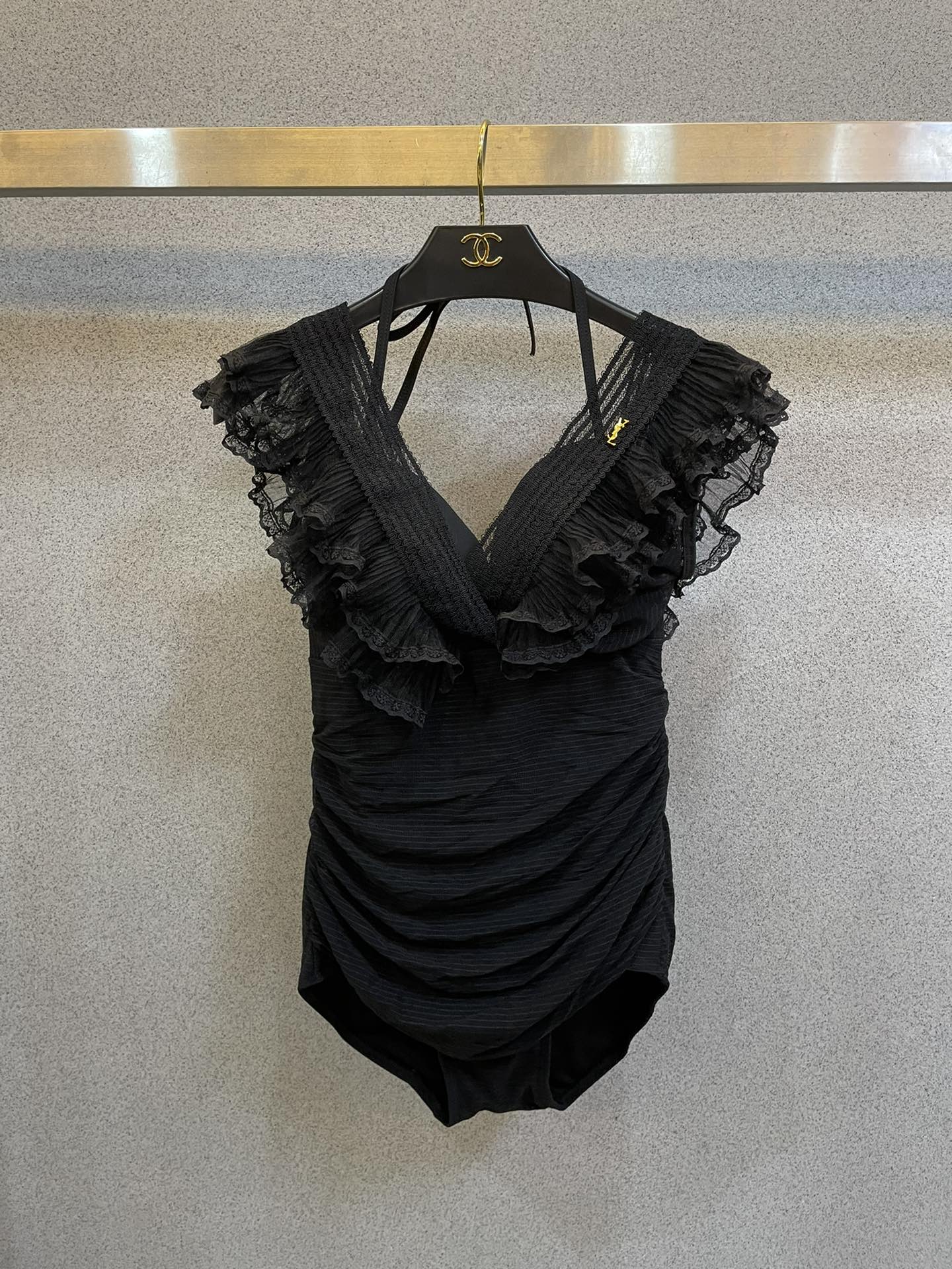 Saint Laurent Pure Black with Wave Lace One-piece Swimsuit