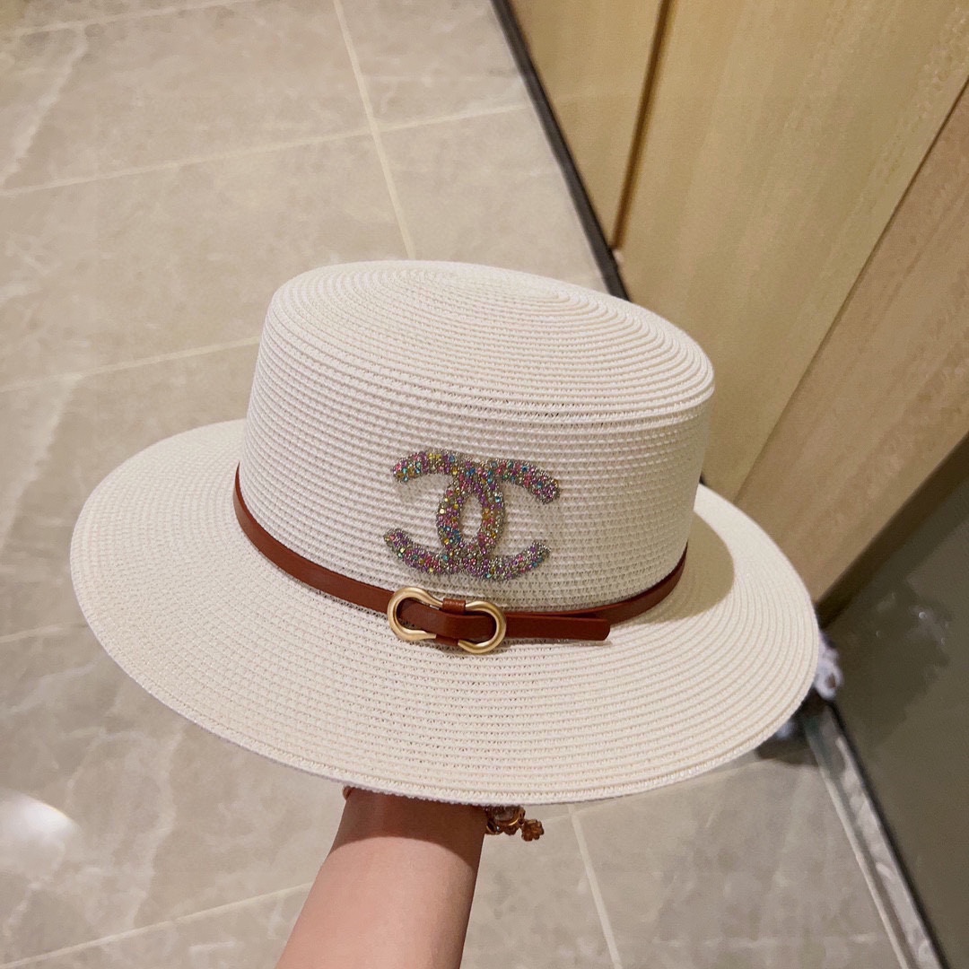 CHANEL big belt braided straw hat