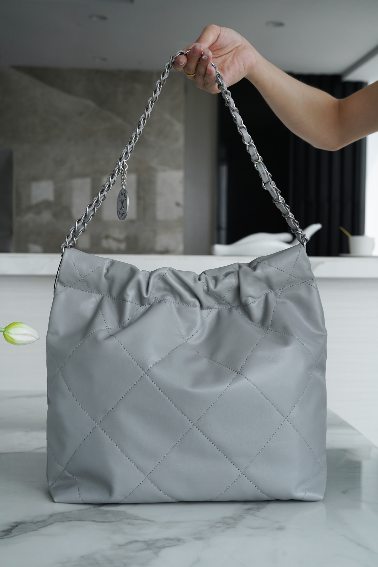 𝗖𝗛𝗔𝗘𝗡𝗟✦𝟐𝟐𝗣Spring/Summer New 𝟐𝟐Handbag Gray Silver Buckle Small 🐘