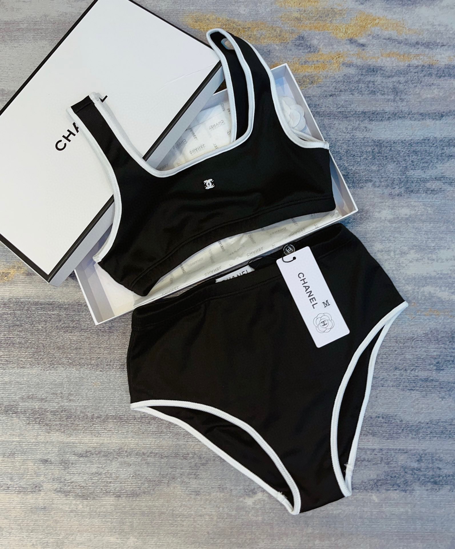 Chanel New Bikini Midi Set Petit Chanel Logo Print Camisole + Triangle Bottoms Separate Swimsuit