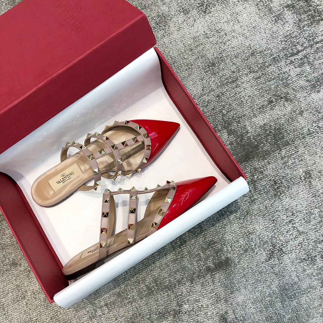 Valentino VT Collection Three Strap Flat Heel Slipper Patent Leather Red