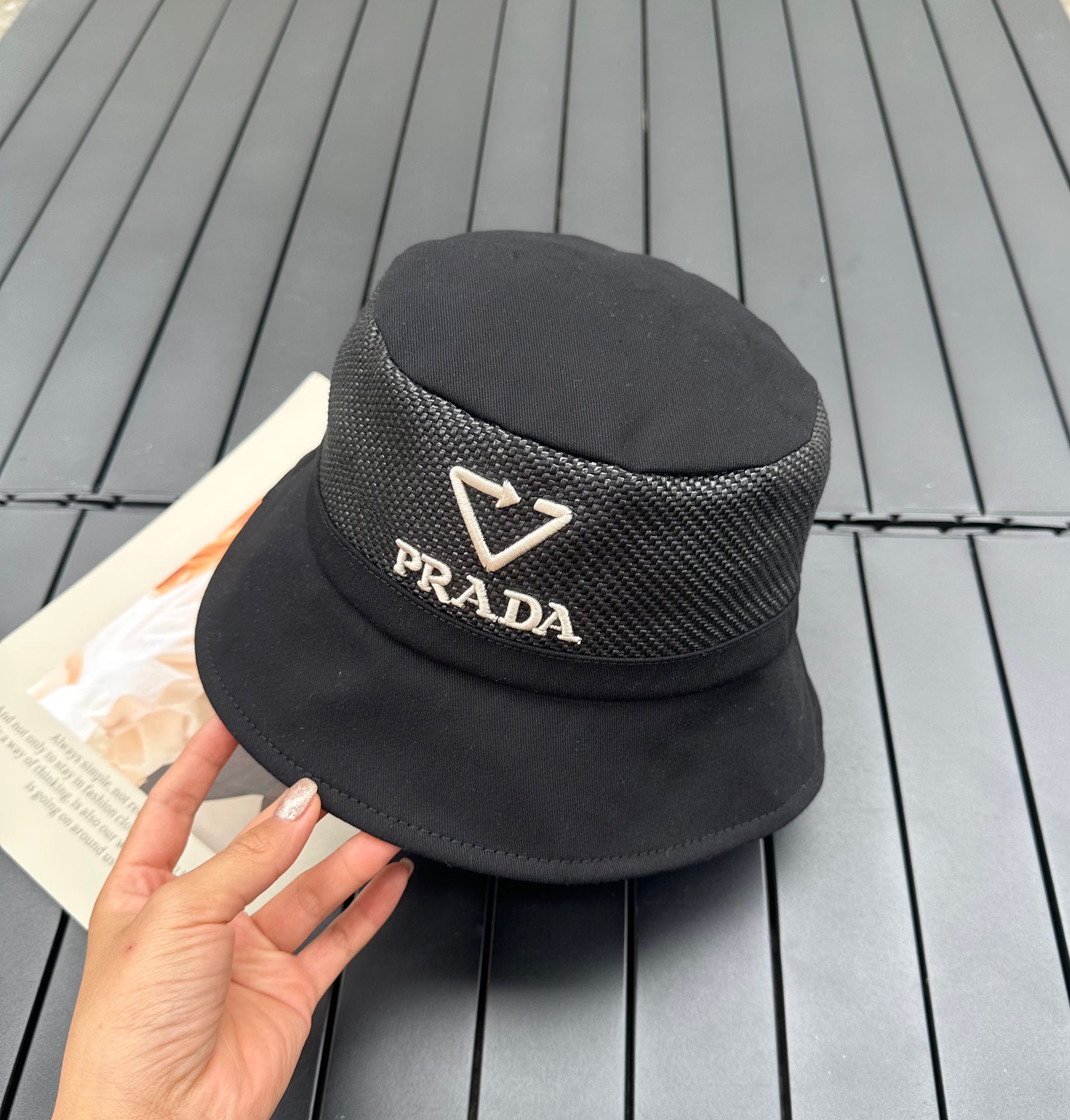 prada classic triangle bucket hat
