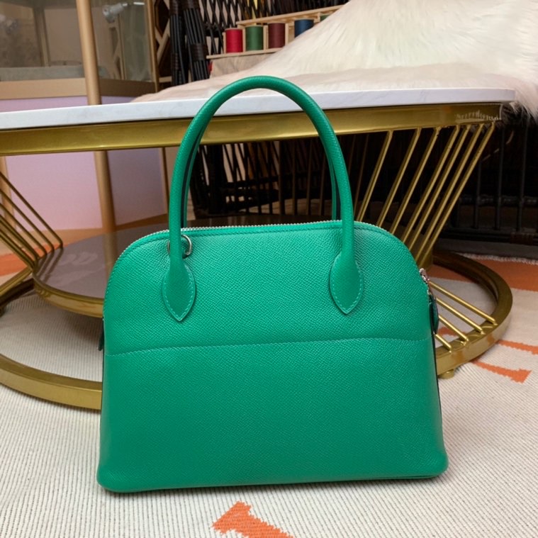 Bolide 27cm Imported original Epsom leather Half hand waxed stitching Velvet green Silver buckle