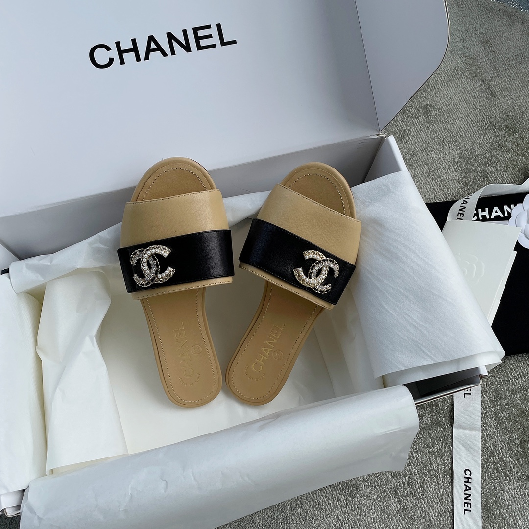 CHANEL Chanel slippers pearl leather strips and small diamond combination imported A grade sheepskin