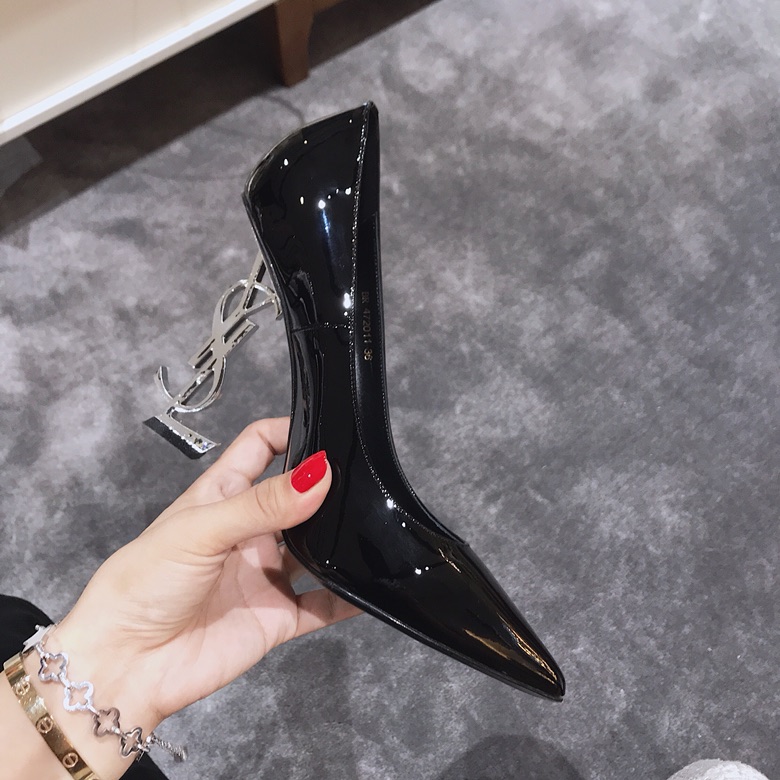 Saint Laurent classic model YSL logo heeled high heels using imported Italian cow patent leather
