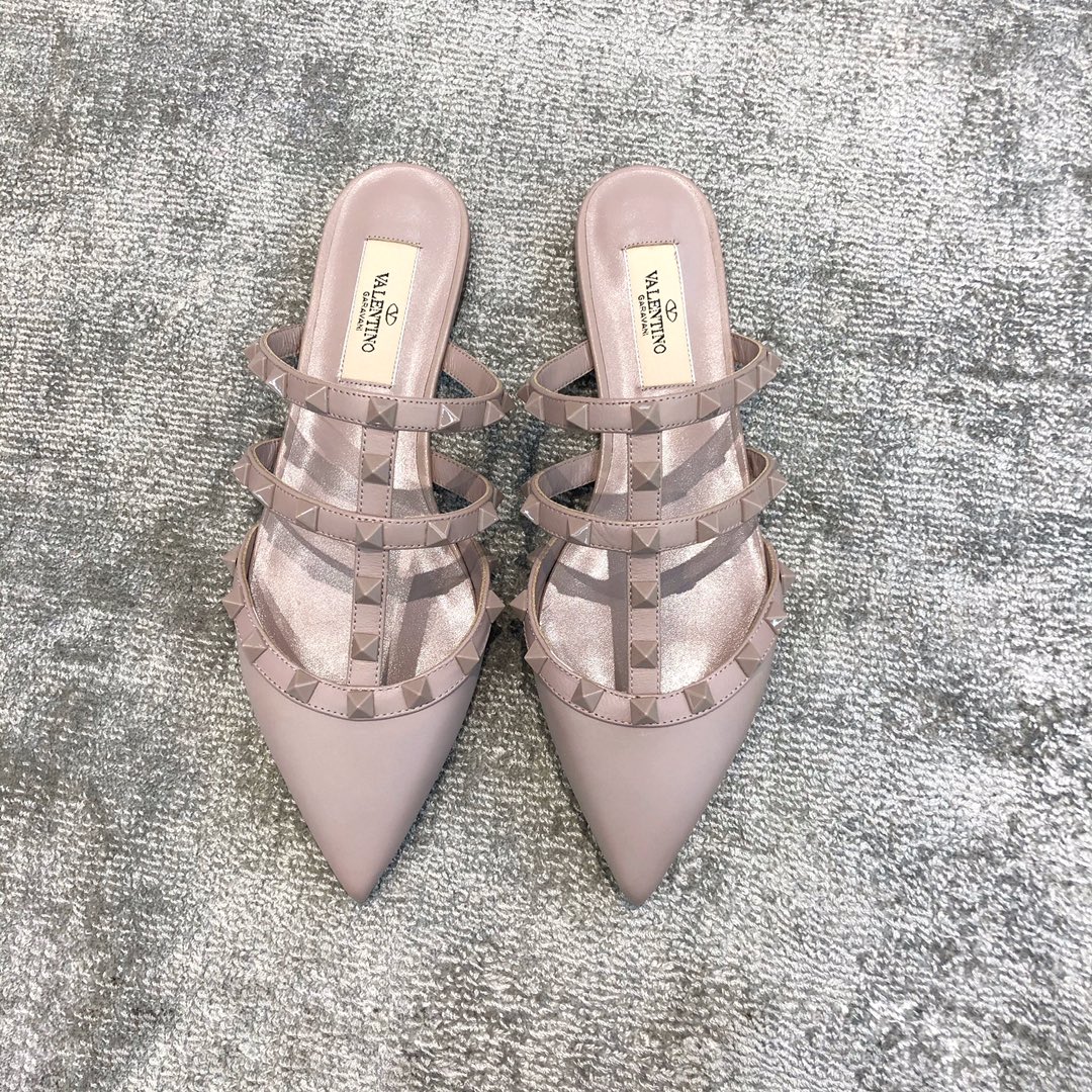 Valentino VT Three Strap Flat Heel Slipper Nude Pink