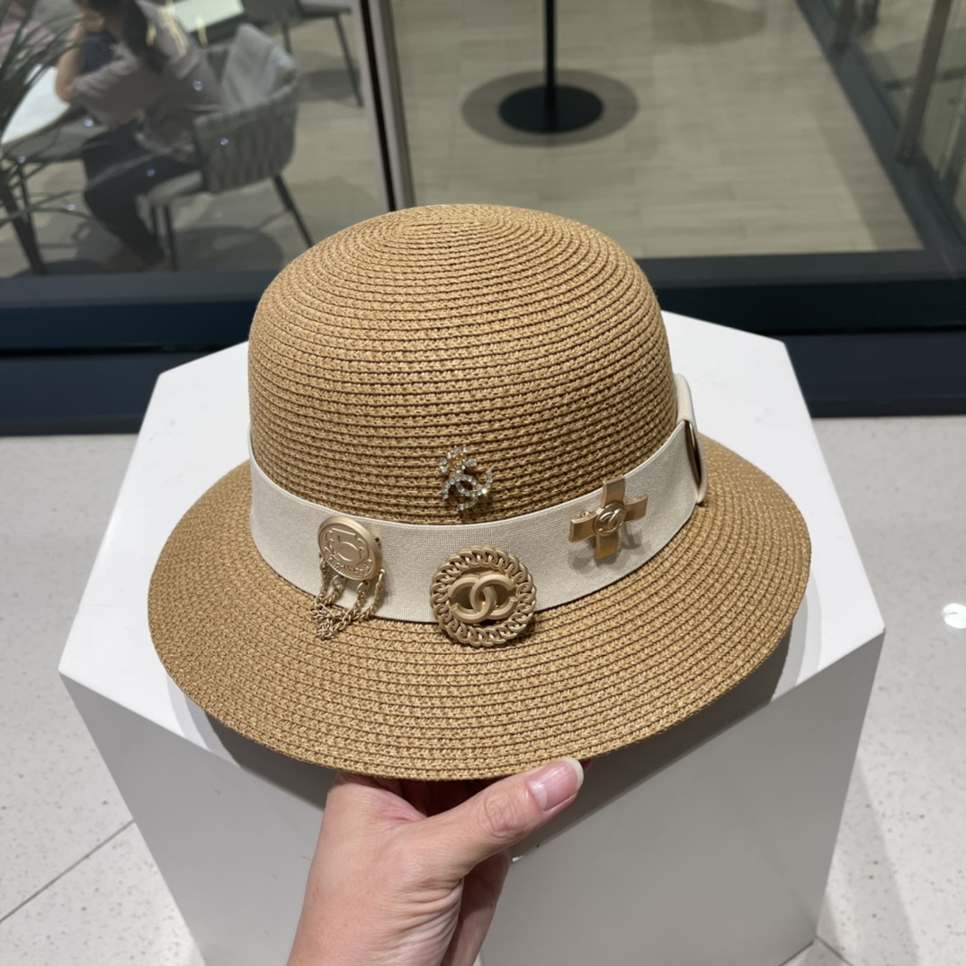 Chanel Straw Hat, Sun Hat, Sunshade Beach Hat, Head Circumference 57cm