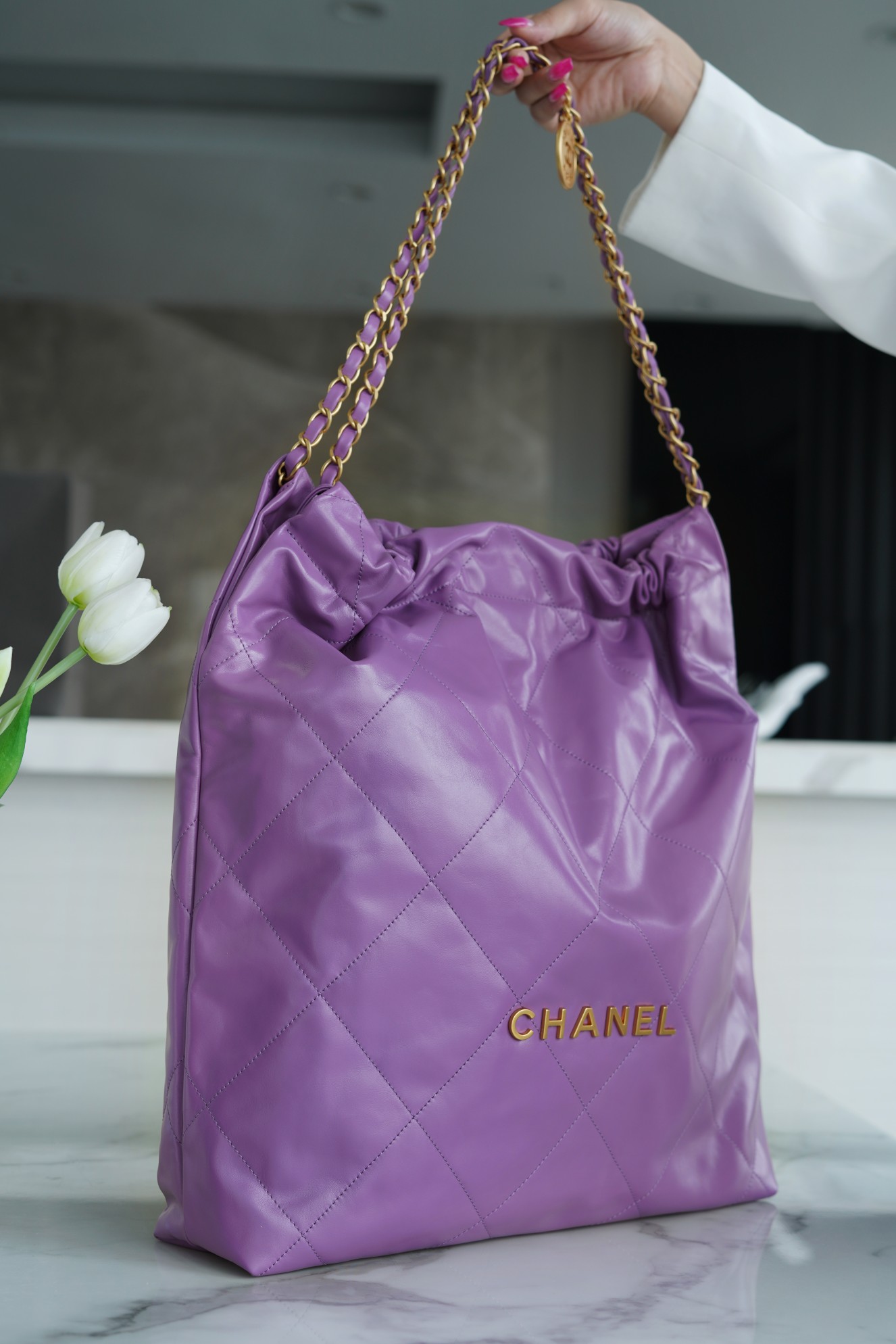 𝗖𝗛𝗔𝗘𝗡𝗟✦𝟐𝟐𝗣Spring/Summer New 𝟐𝟐Handbag Genuine Tail Leather Large Purple