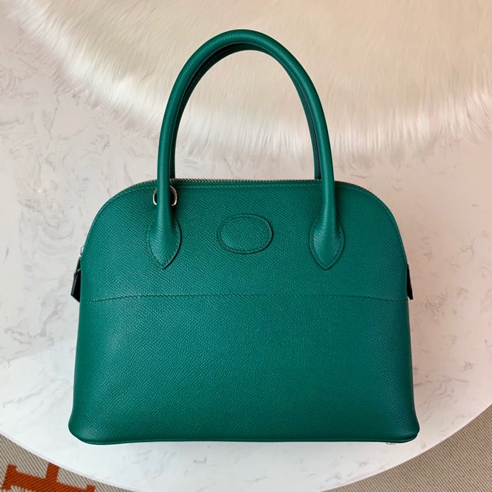 Bolide 27cm Imported original Epsom leather half hand waxed stitching peacock green silver buckle