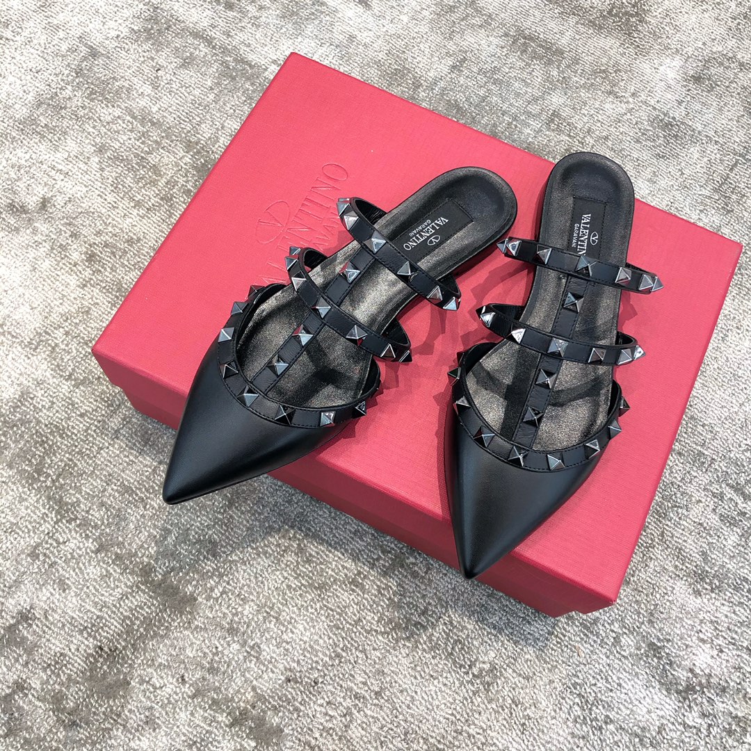 Valentino VT Collection Three Strap Flat Heel Slipper All Black