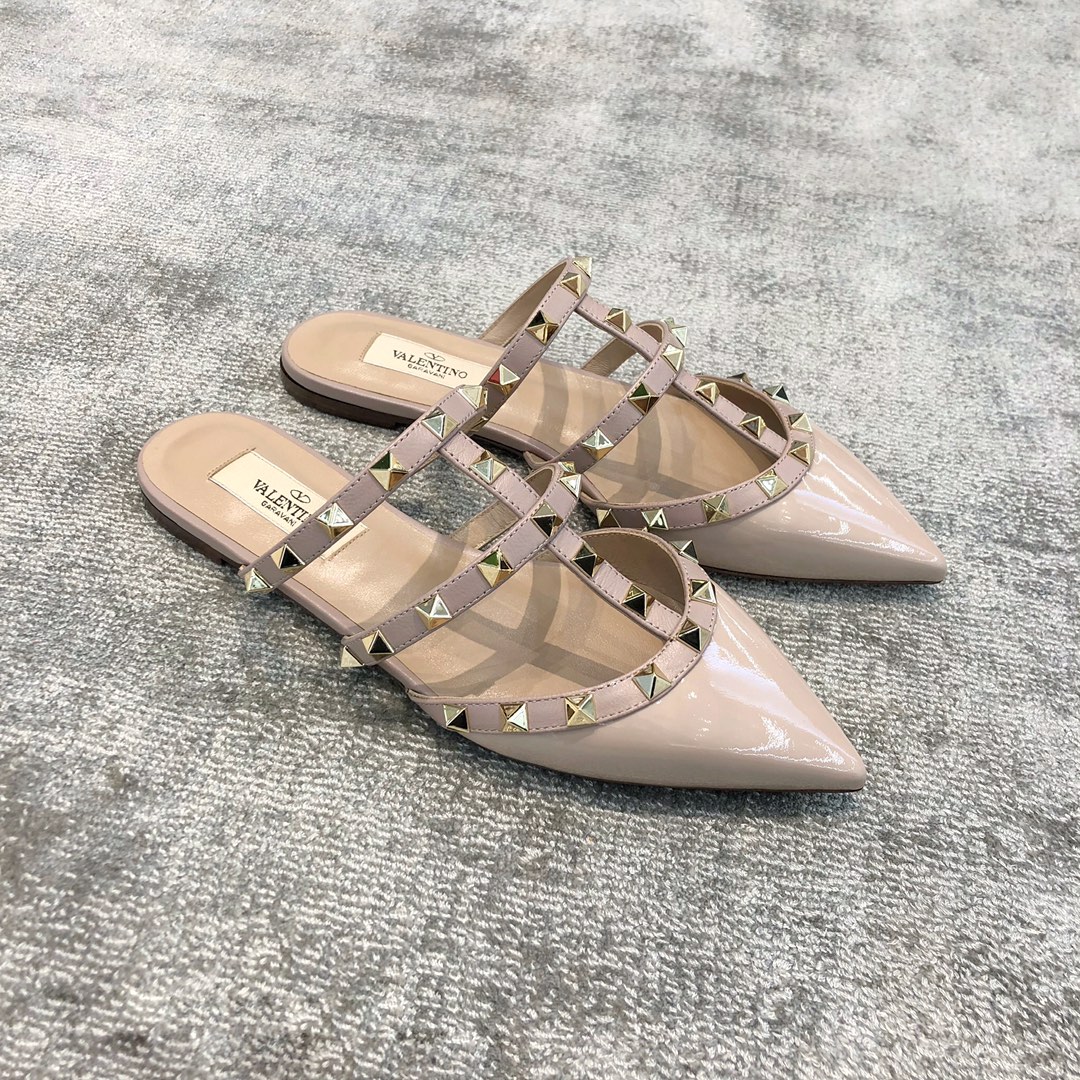 Valentino VT Collection Three Strap Flat Heel Slipper Patent Leather Nude Pink