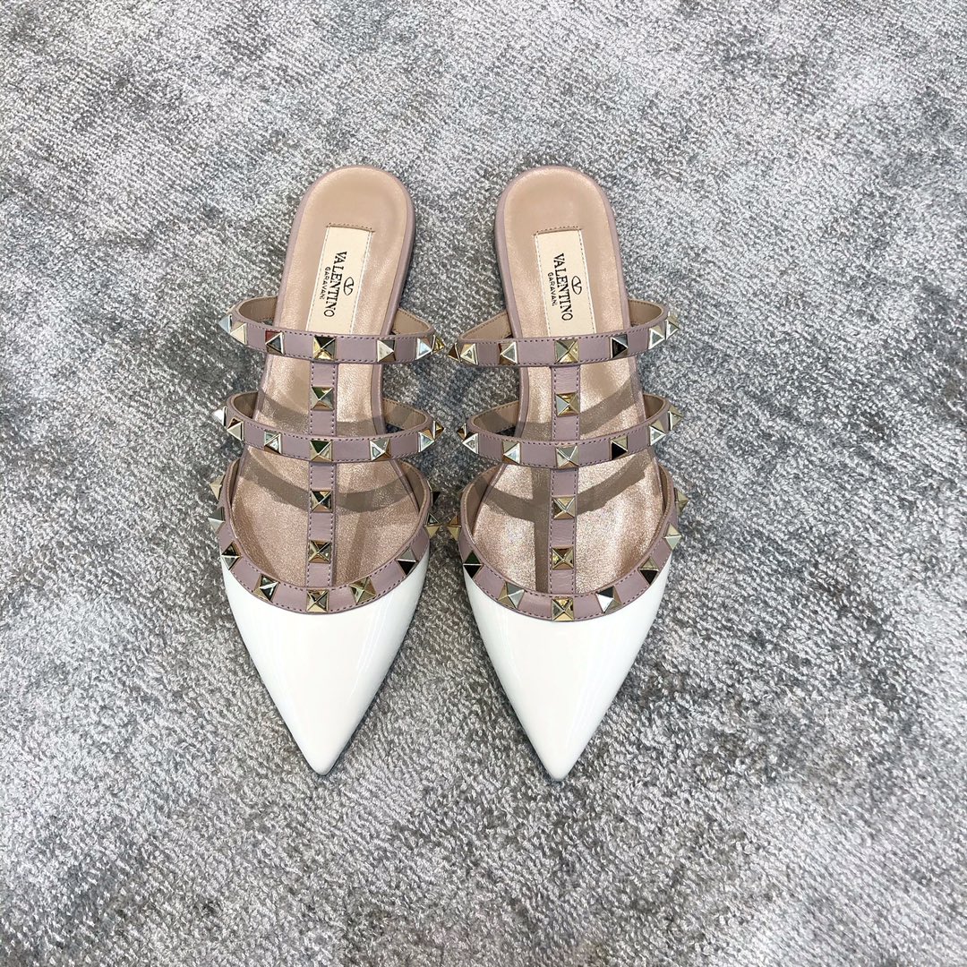 Valentino VT Collection Three Strap Flat Heel Slipper Patent Leather White