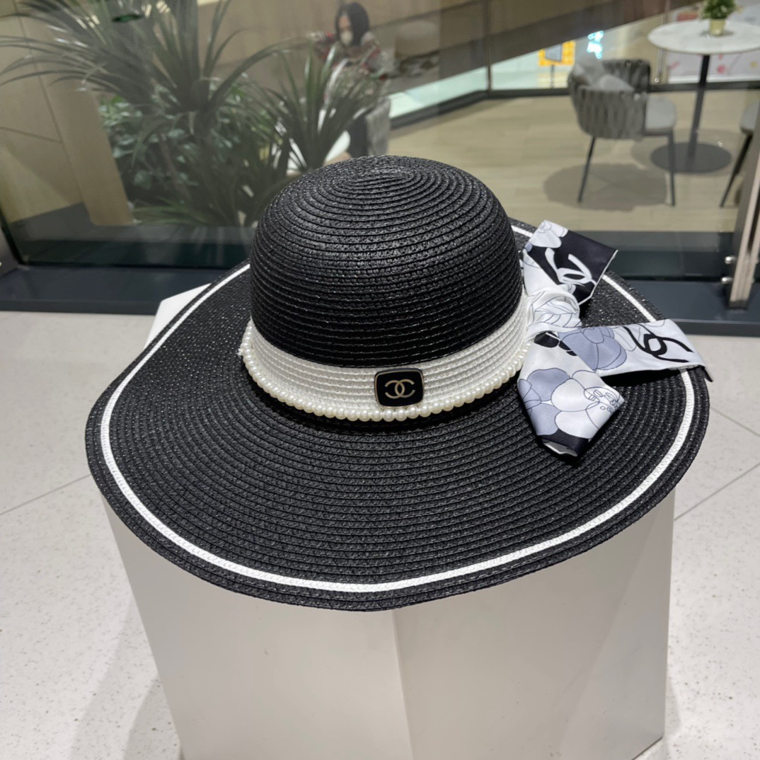 [CHANEL Chanel] 2023 new straw woven straw hat with large eaves and colored ribbon