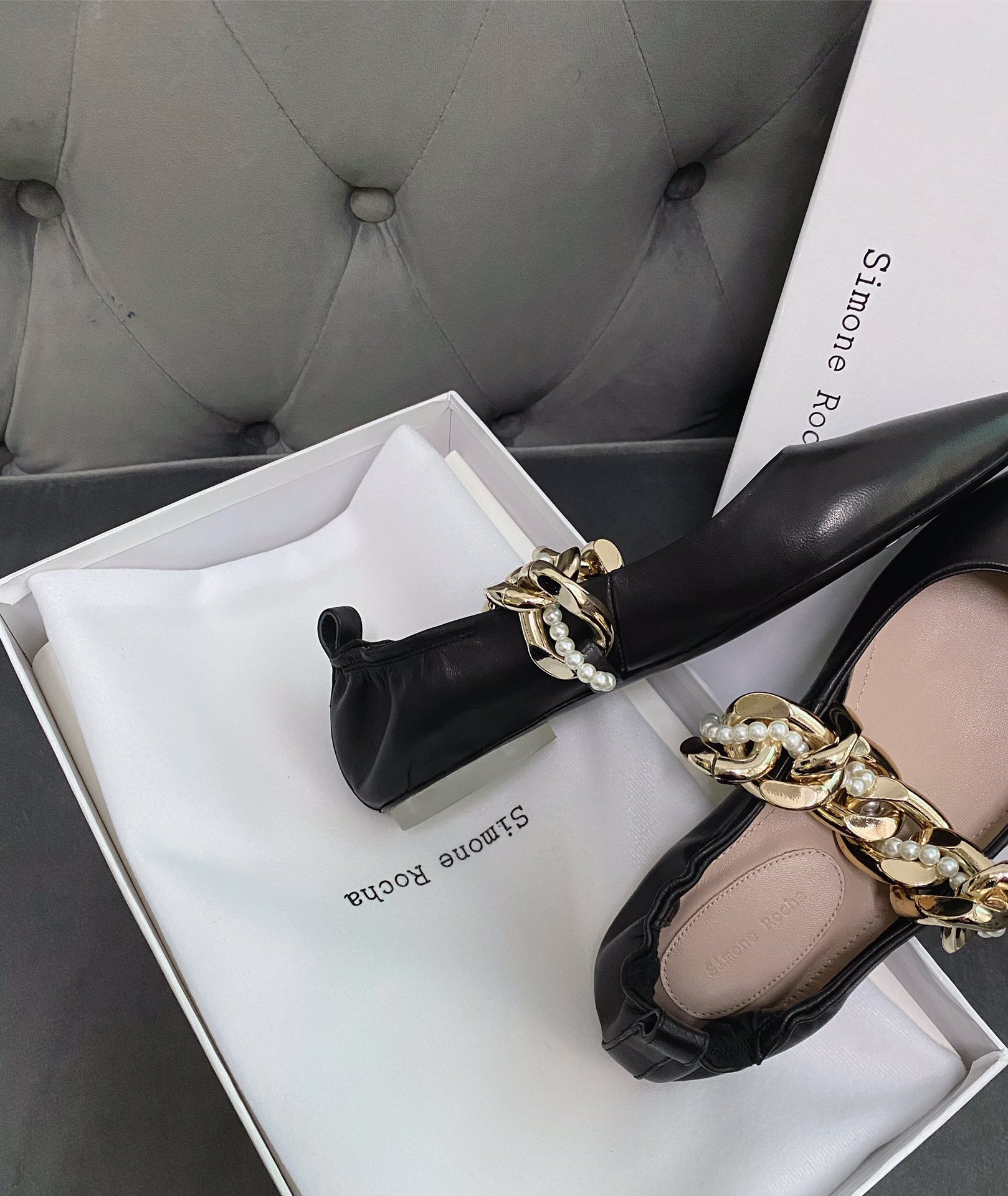 Simone rocha chain flat single shoes new season's most fashionable pearl chain series