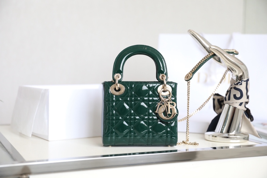 Emerald  Lady Dior vine check patent leather cow leather mini handbag